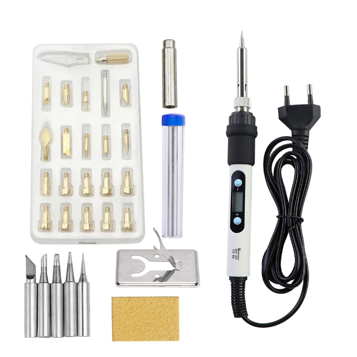 A kit of wood burning and soldering pens including various tips, a heating device, and a gold-colored filler rod.