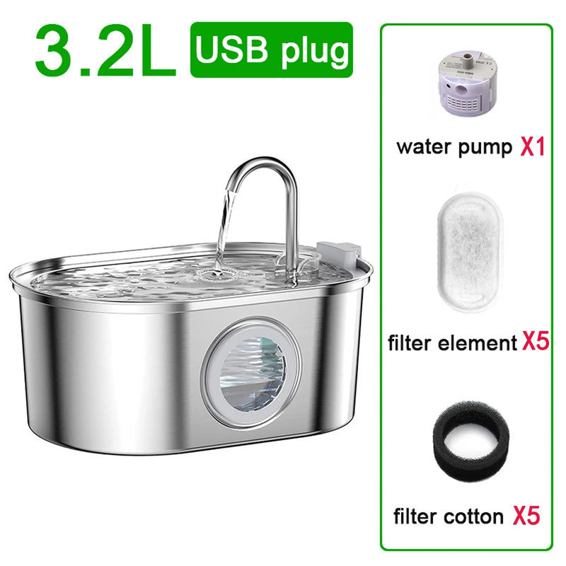 Fuente de Agua para Mascotas de Acero Inoxidable 3.2L