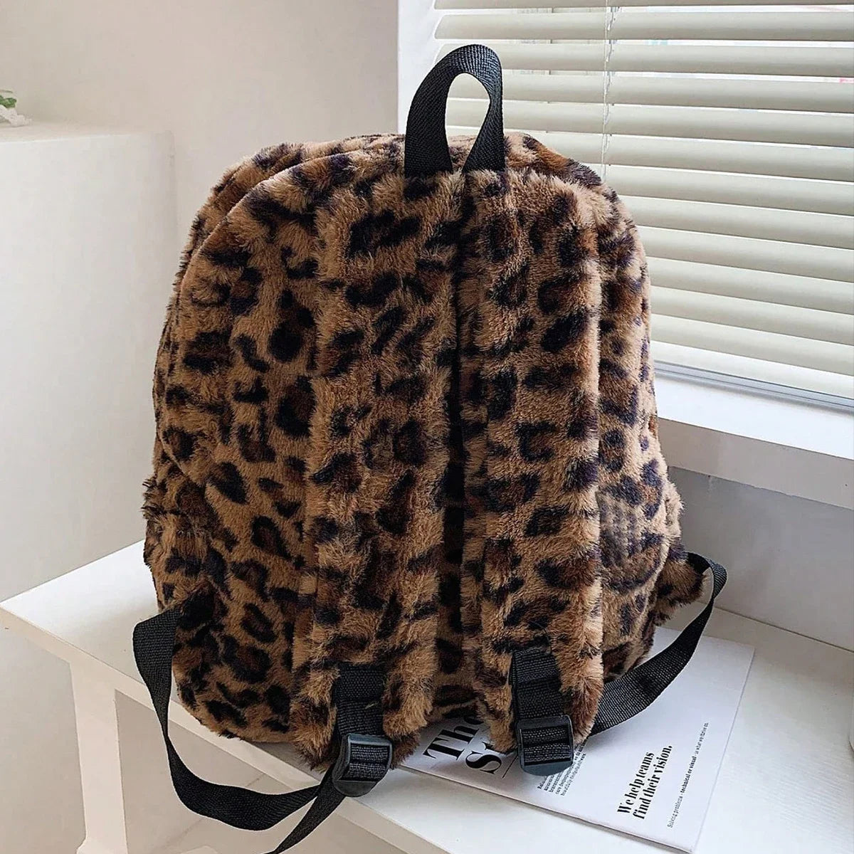 Faux Fur Leopard Print Backpack with Multiple Pockets