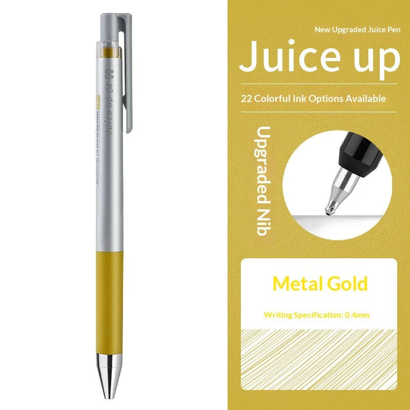 Silber- und Gold-Pilot Juice Up Gelstift neben Marketinginformationen über 22 bunte Tintenoptionen und 0,4 mm Dünenmaß