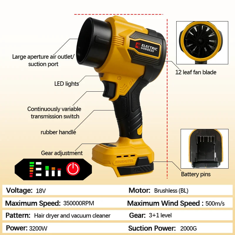 Yellow cordless electric leaf blower with a large air outlet and LED lights