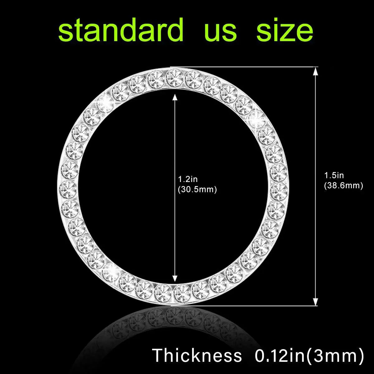 A circular crystal rhinestone button cover with a 1.2-inch diameter and 0.12-inch thickness.