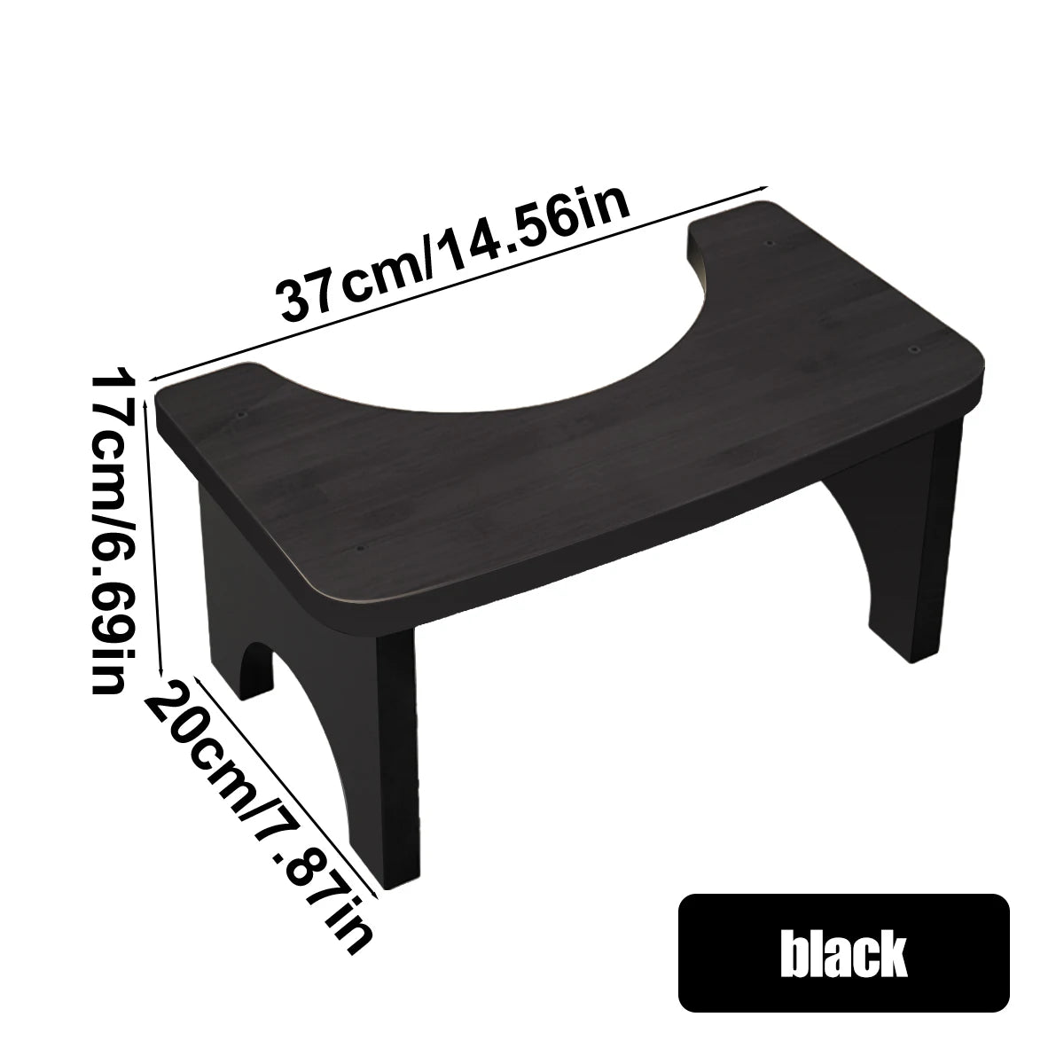 A black bamboo toilet squat stool with dimensions 37cm/14.56in long, 17cm/6.99in high, and 20cm/7.87in wide.