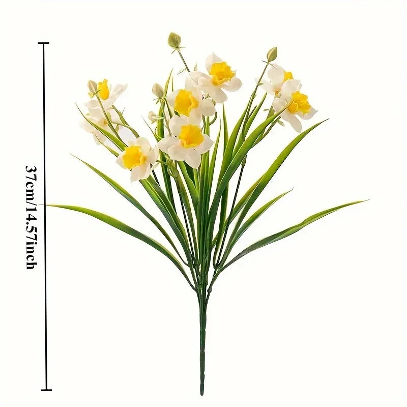 A bunch of realistic artificial daffodil flowers with yellow and white petals on a green stem.