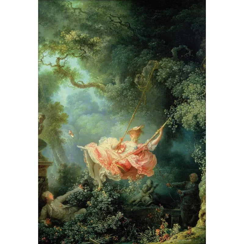 A painting depicting an ethereal female figure in a flowing gown suspended by a rope amidst lush green foliage.