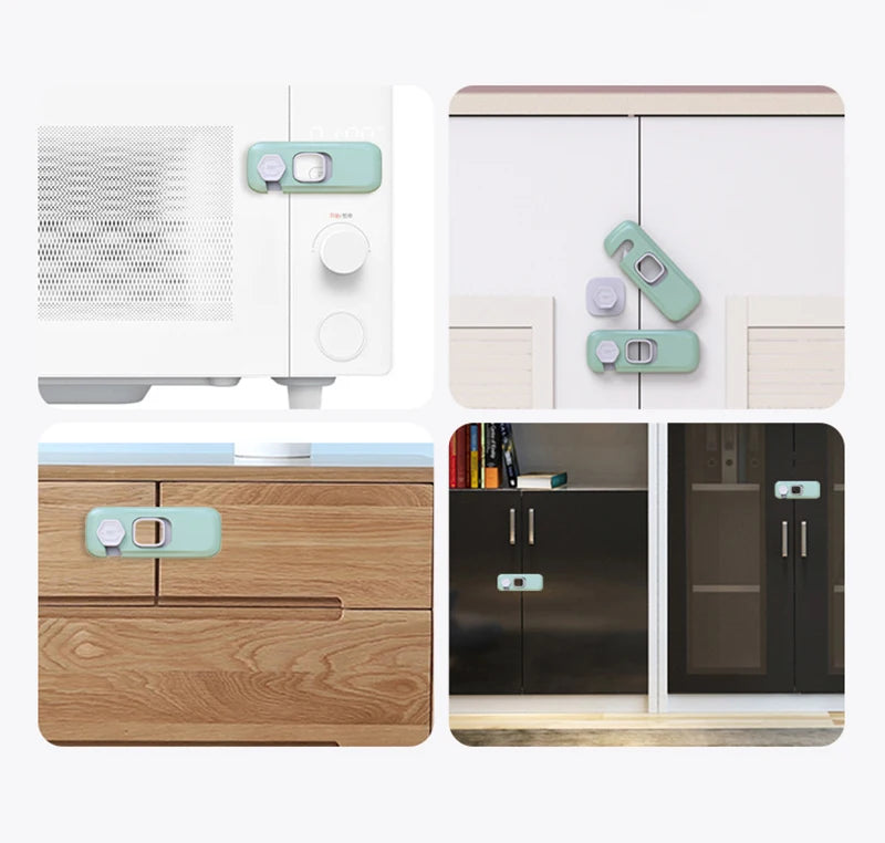 A set of child safety cabinet locks for drawers and refrigerator, shown in light green and white.