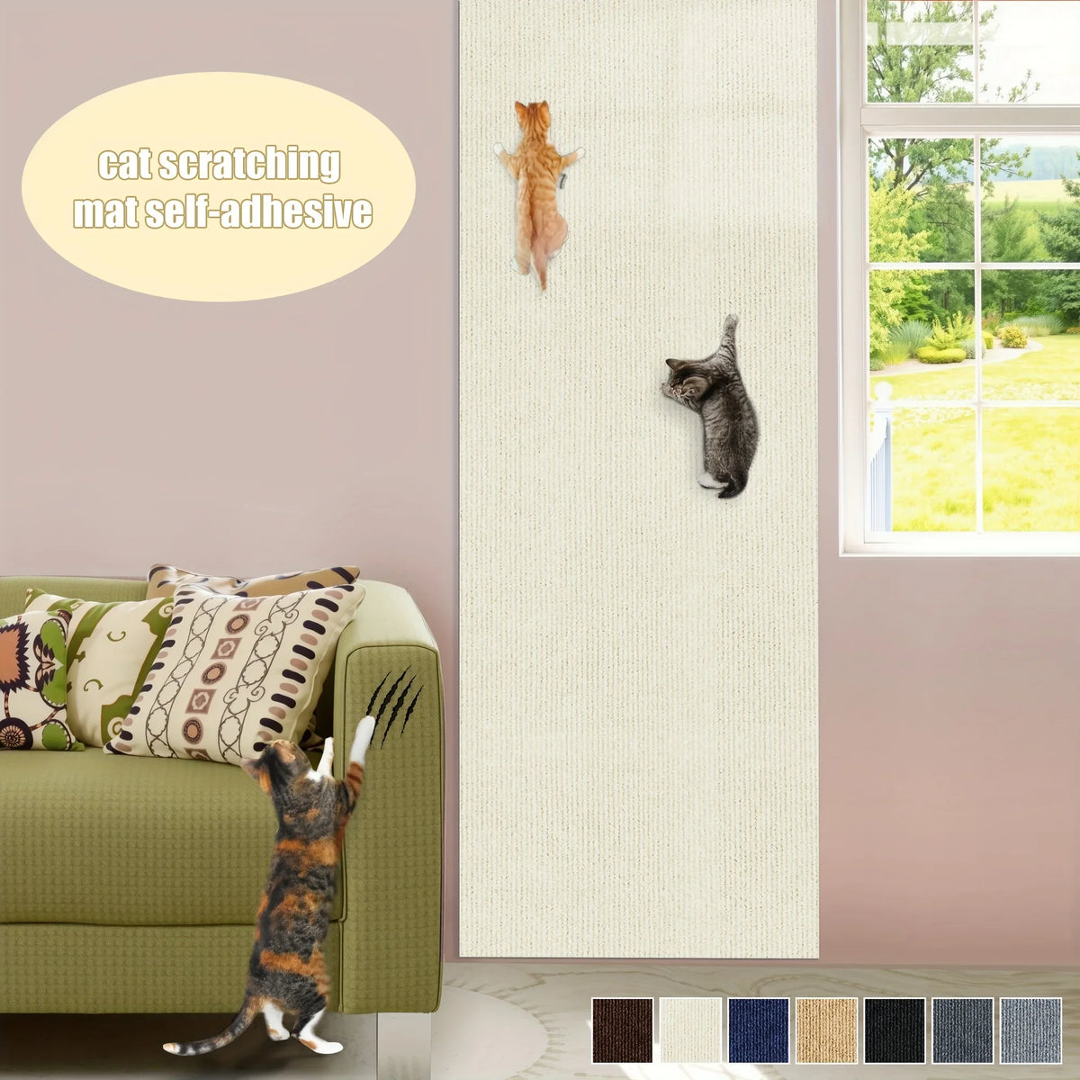 A beige self-adhesive cat scratching mat protector is shown on a wall, with two cats visible near the mat.