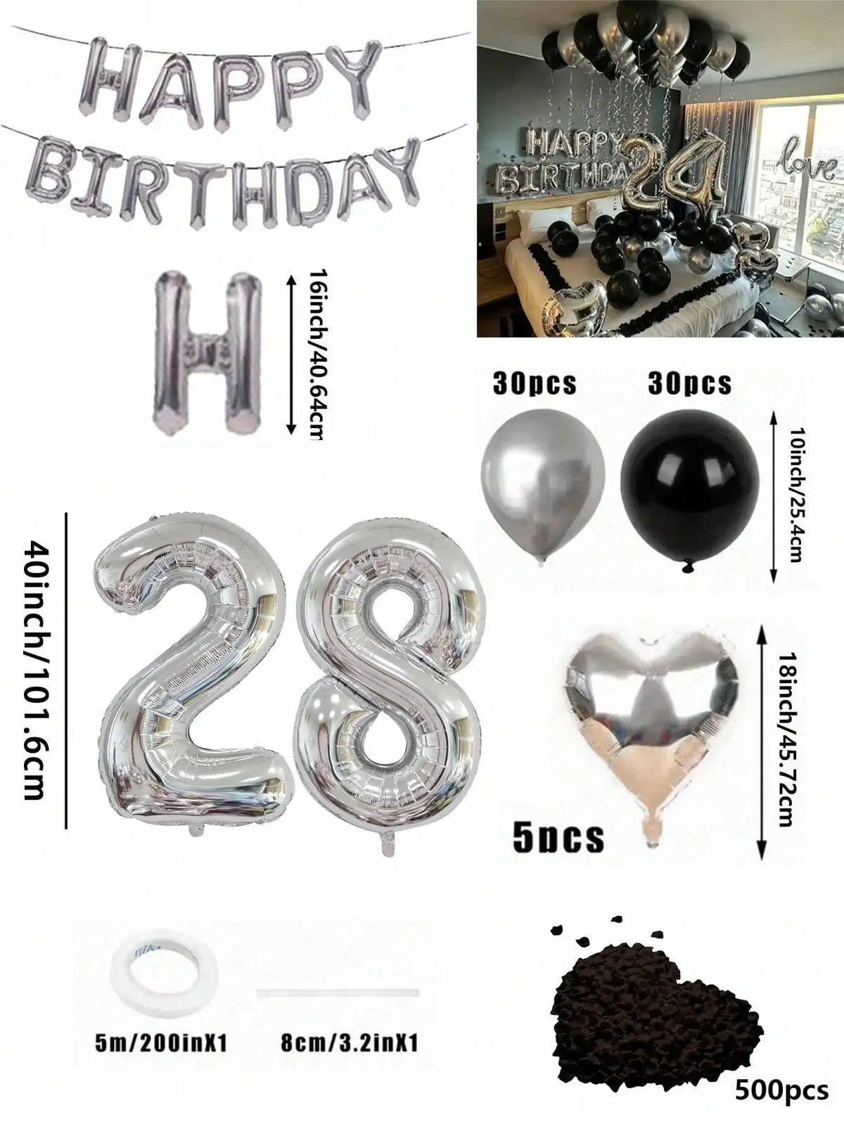 A kit for a balloon garland featuring silver and black foil numbers and decorative elements.