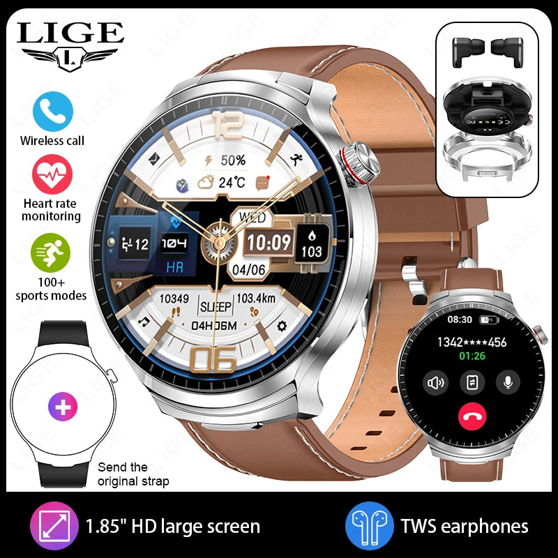 Montre connectée argentée avec bracelet en cuir marron et affichage numérique, accompagnée de ses écouteurs sans fil.