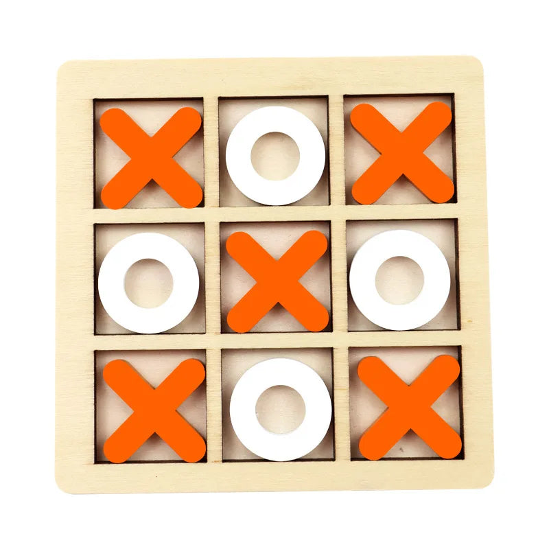 A wooden tic tac toe game set with orange and white markers arranged in a grid.