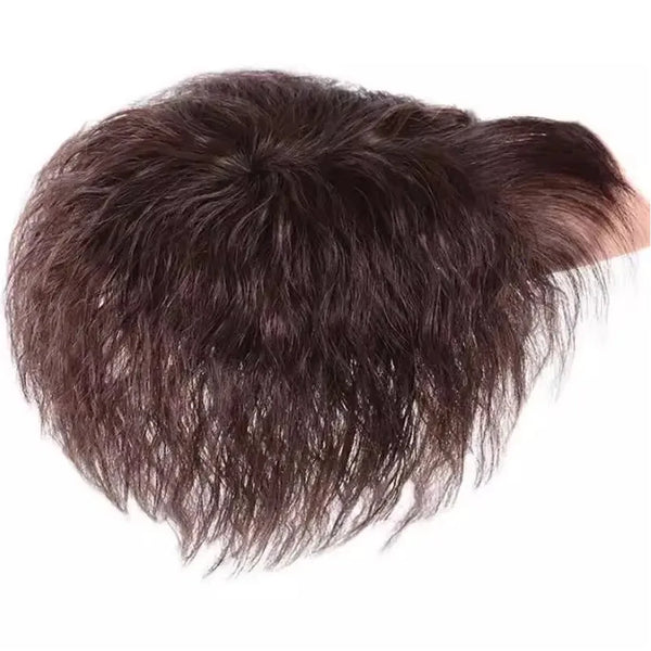 A close-up view of dark brown synthetic hair bangs topper