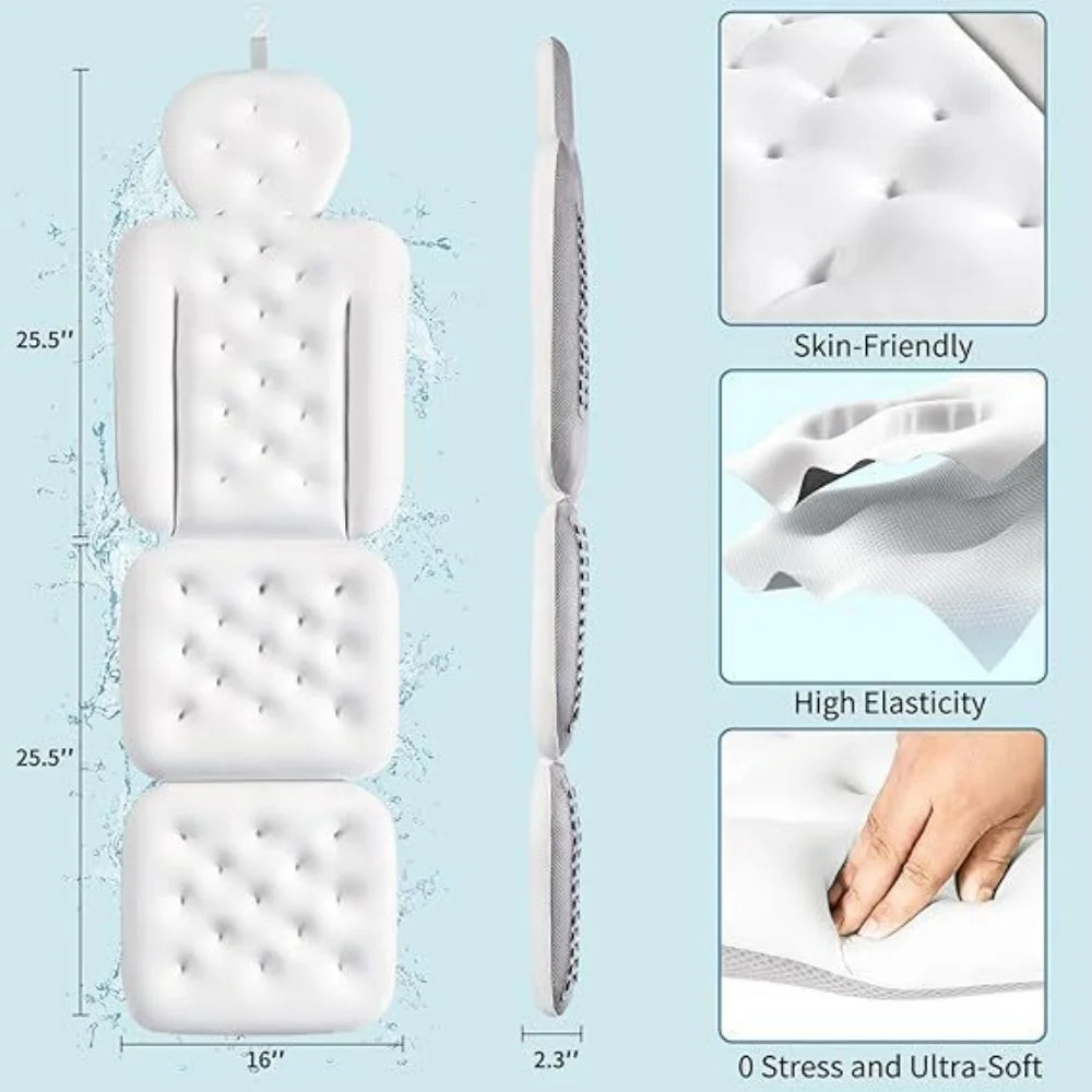 White full-body bath pillow with head and neck support showing different firmness levels and elasticity features