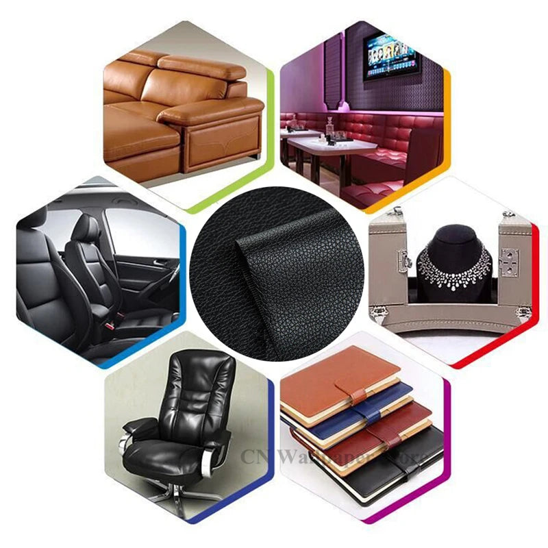 A collection of self-adhesive leather repair patches for furniture, car seats, and bags shown in various colors and textures.