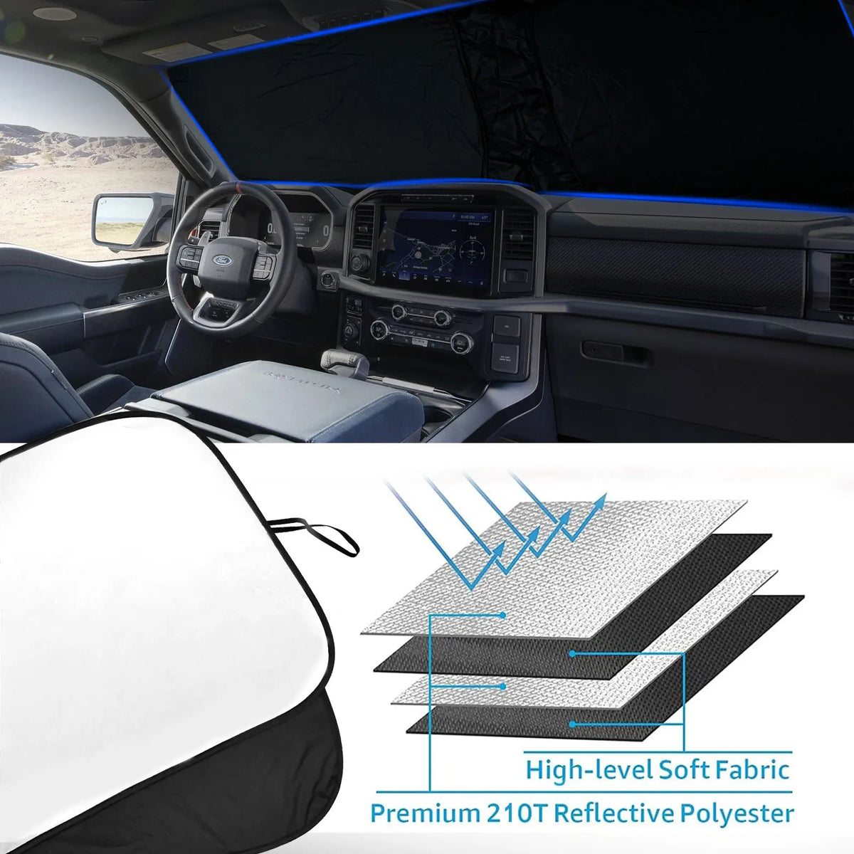 A close-up view of a rectangular soft fabric sunshade made from Premium 210T Reflective Polyester.