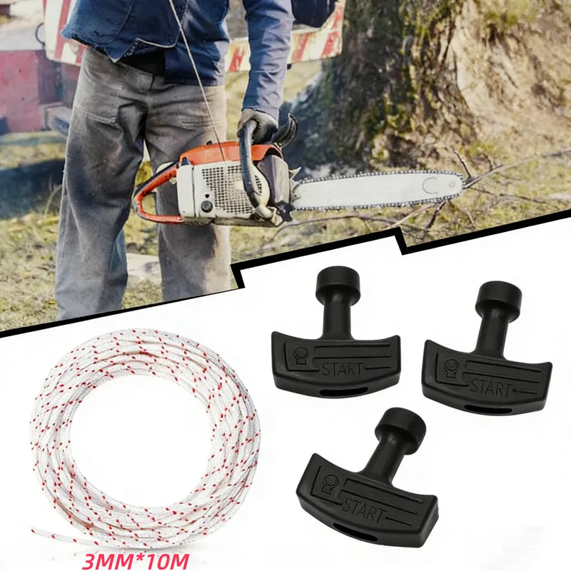 A spool of red nylon recoil starter rope for chainsaws and trimmers shown next to several black starter tools.