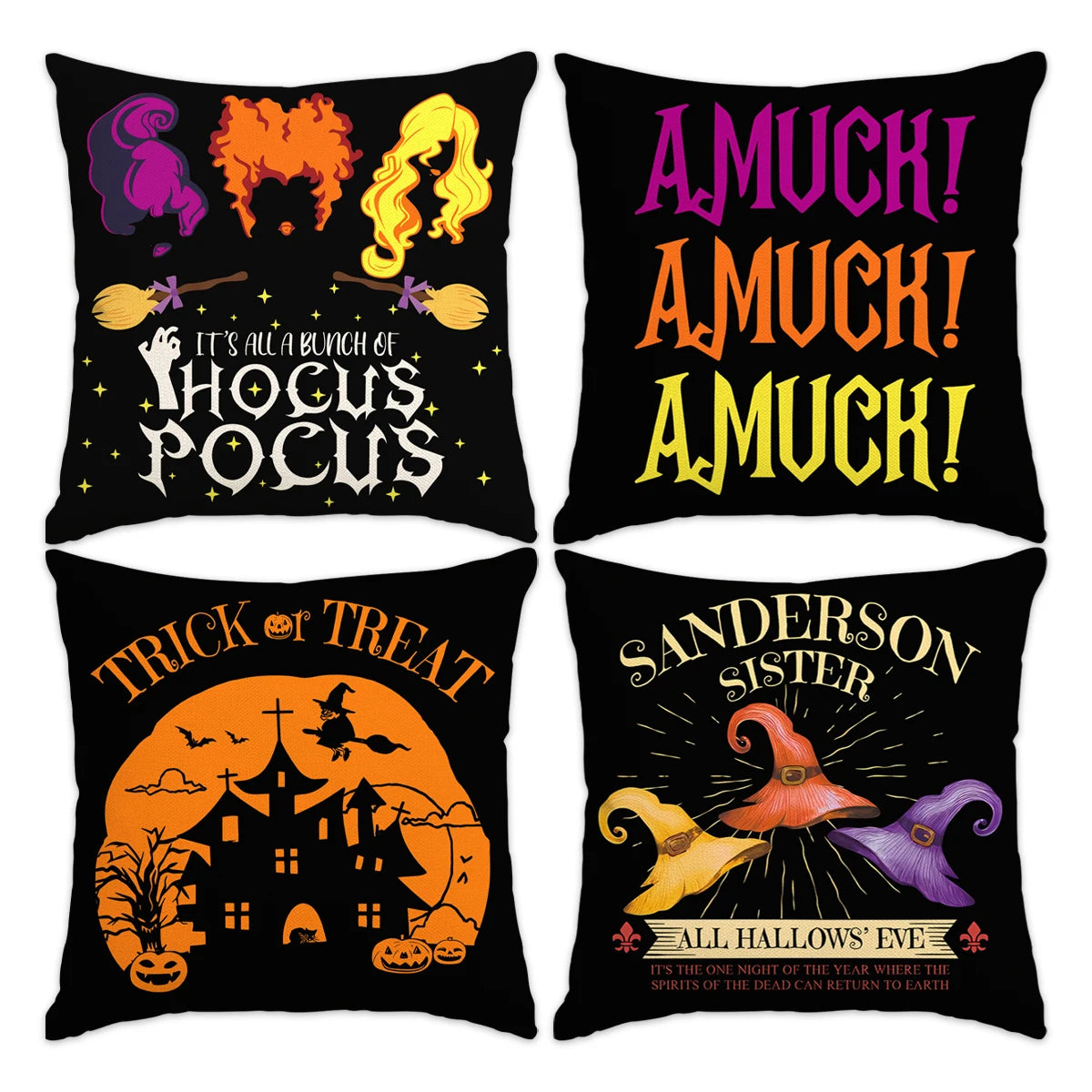 Un juego de cuatro fundas de almohada negras con diseños de Halloween, incluyendo un fantasma morado, un monstruo naranja y u