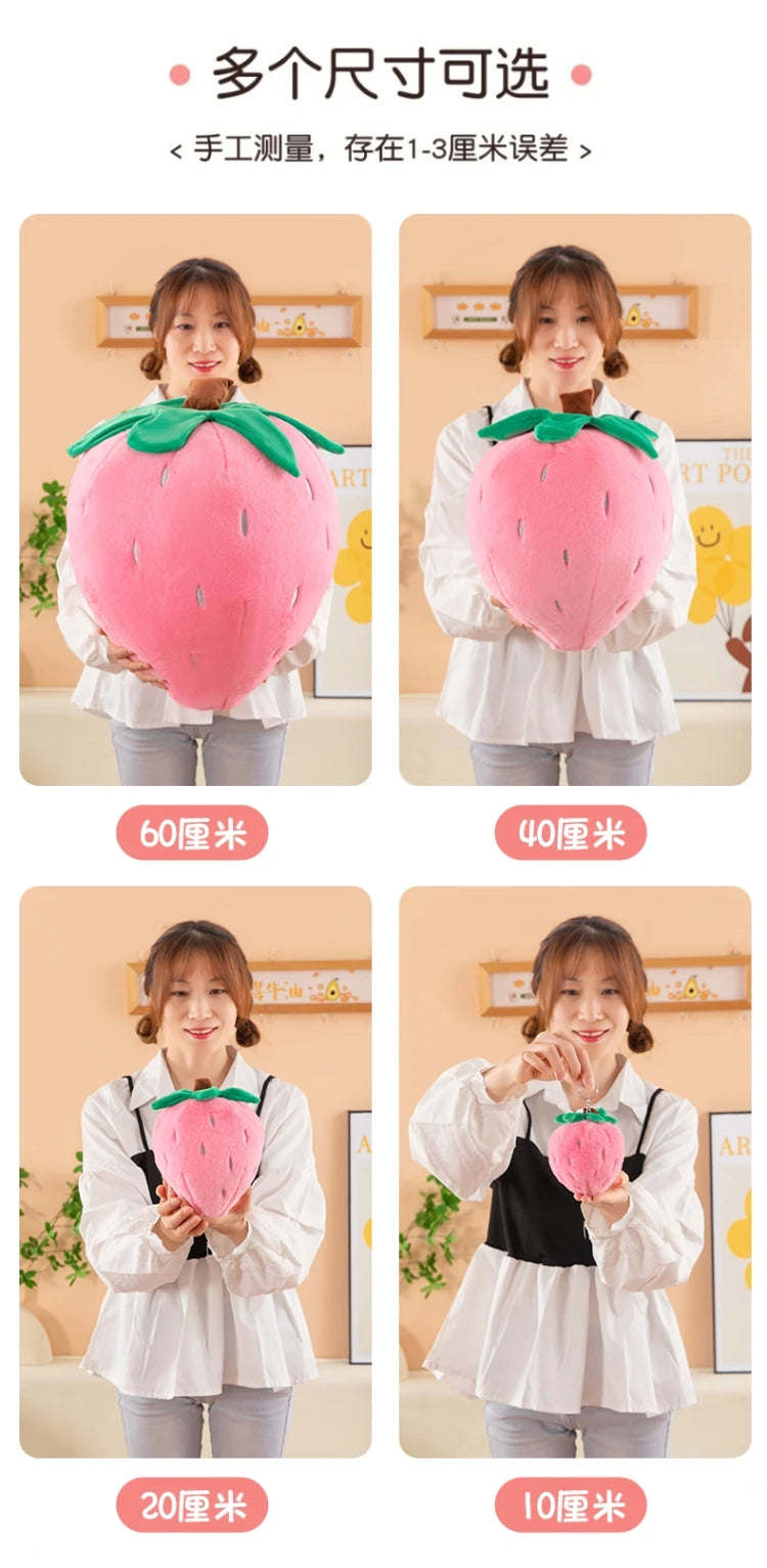 A collection of strawberry plush throw pillows in various sizes, including 60cm, 40cm, 20cm, and 10cm.