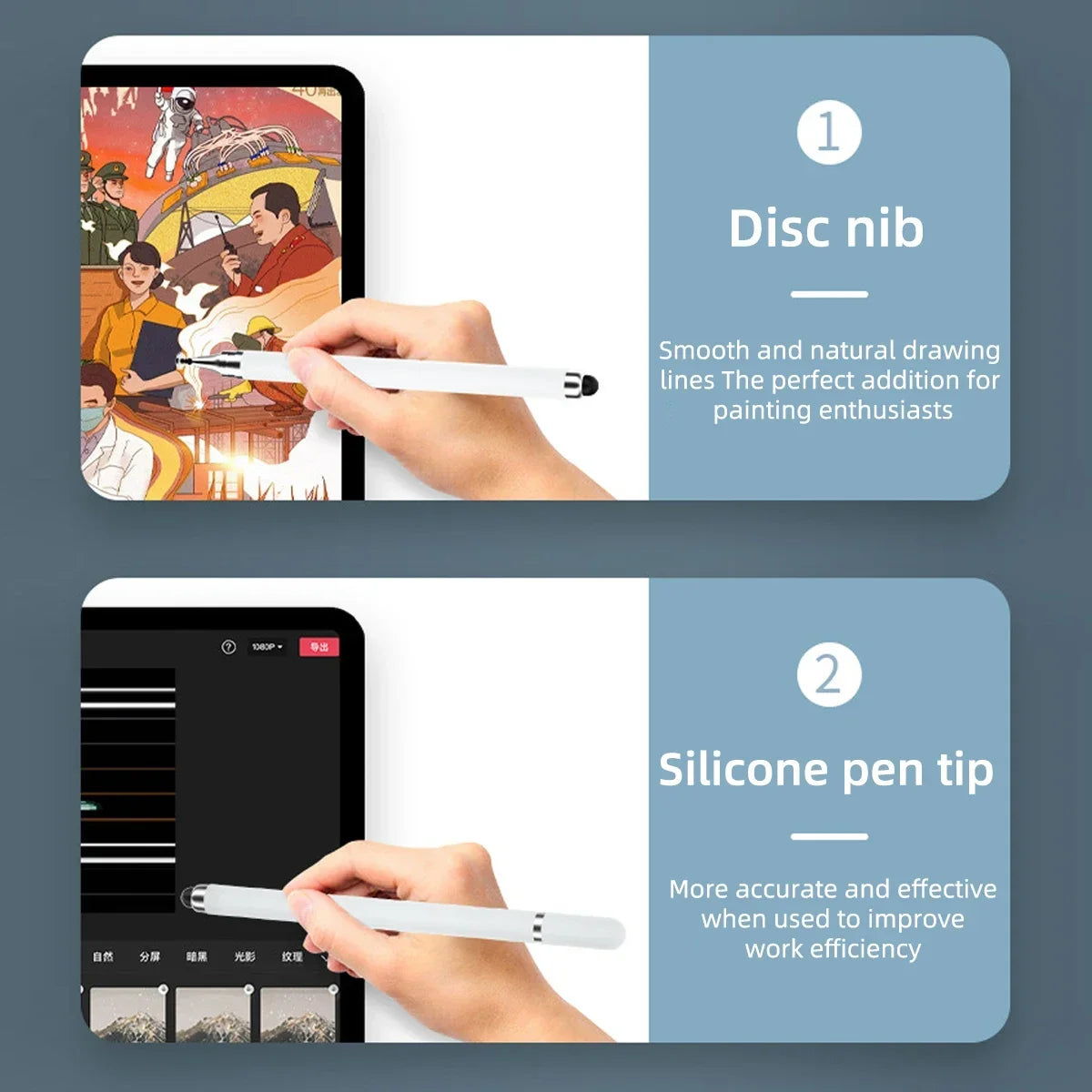 A hand holds a white stylus pen drawing on a tablet screen, demonstrating the smooth lines of the Disc nib.