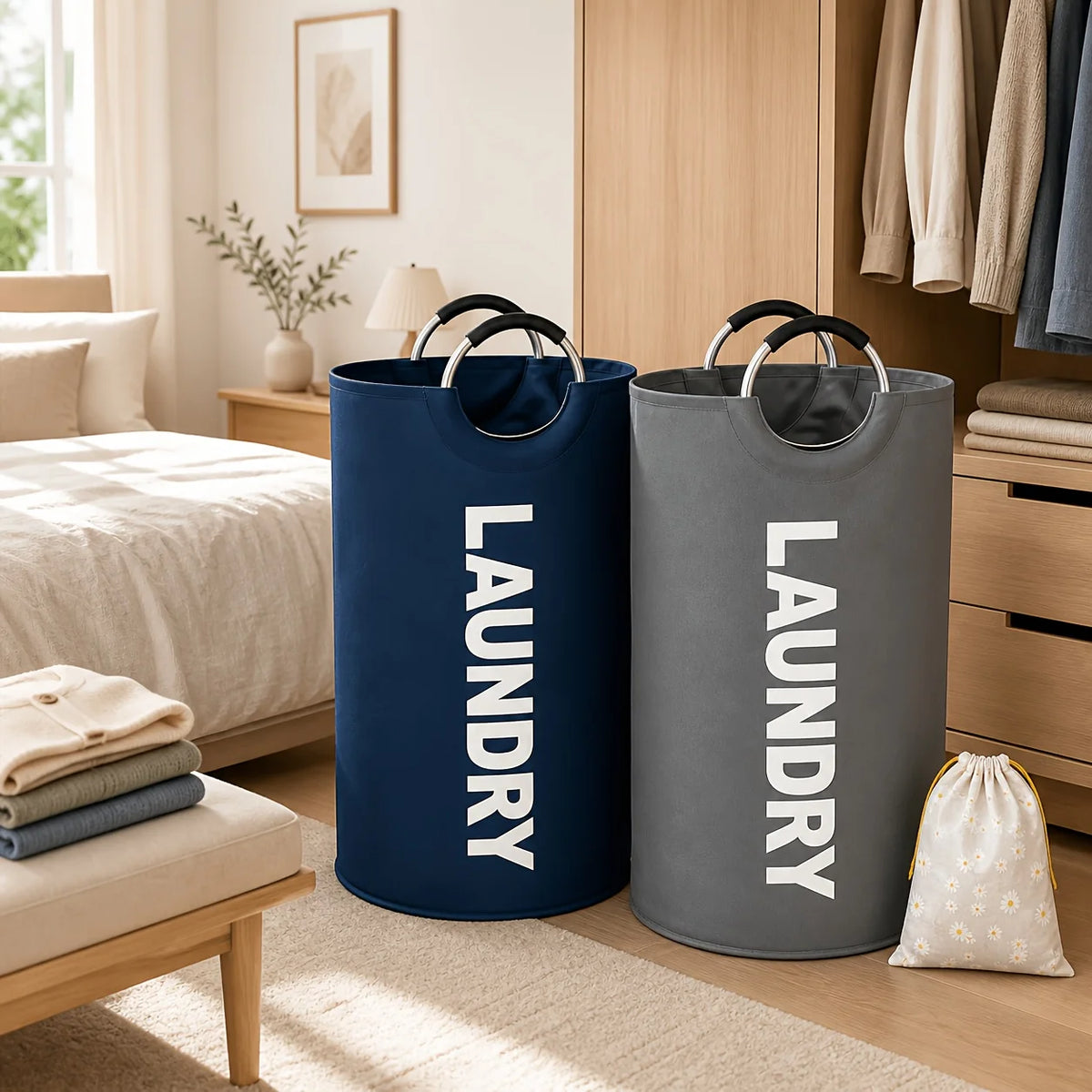 Two navy blue and gray fabric laundry hampers with black hanging rods on a light wood floor.