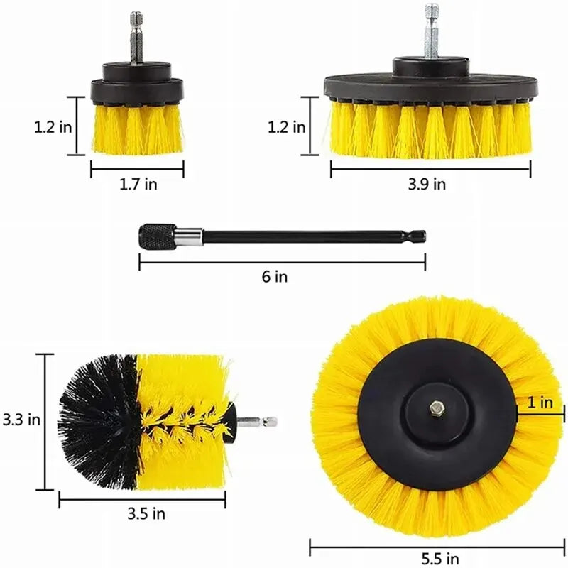 A set of three yellow and black scrubbing brushes for cordless drills, including a flat brush, a round brush, and a dual-colo