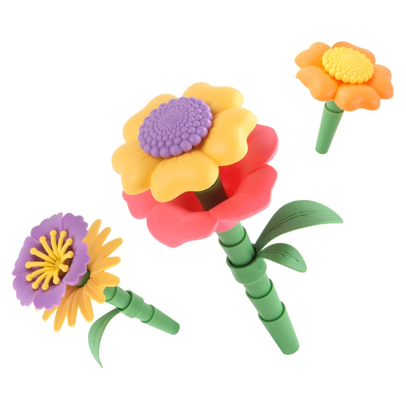 A set of colorful plastic flowers and stems for a STEM garden building toy.