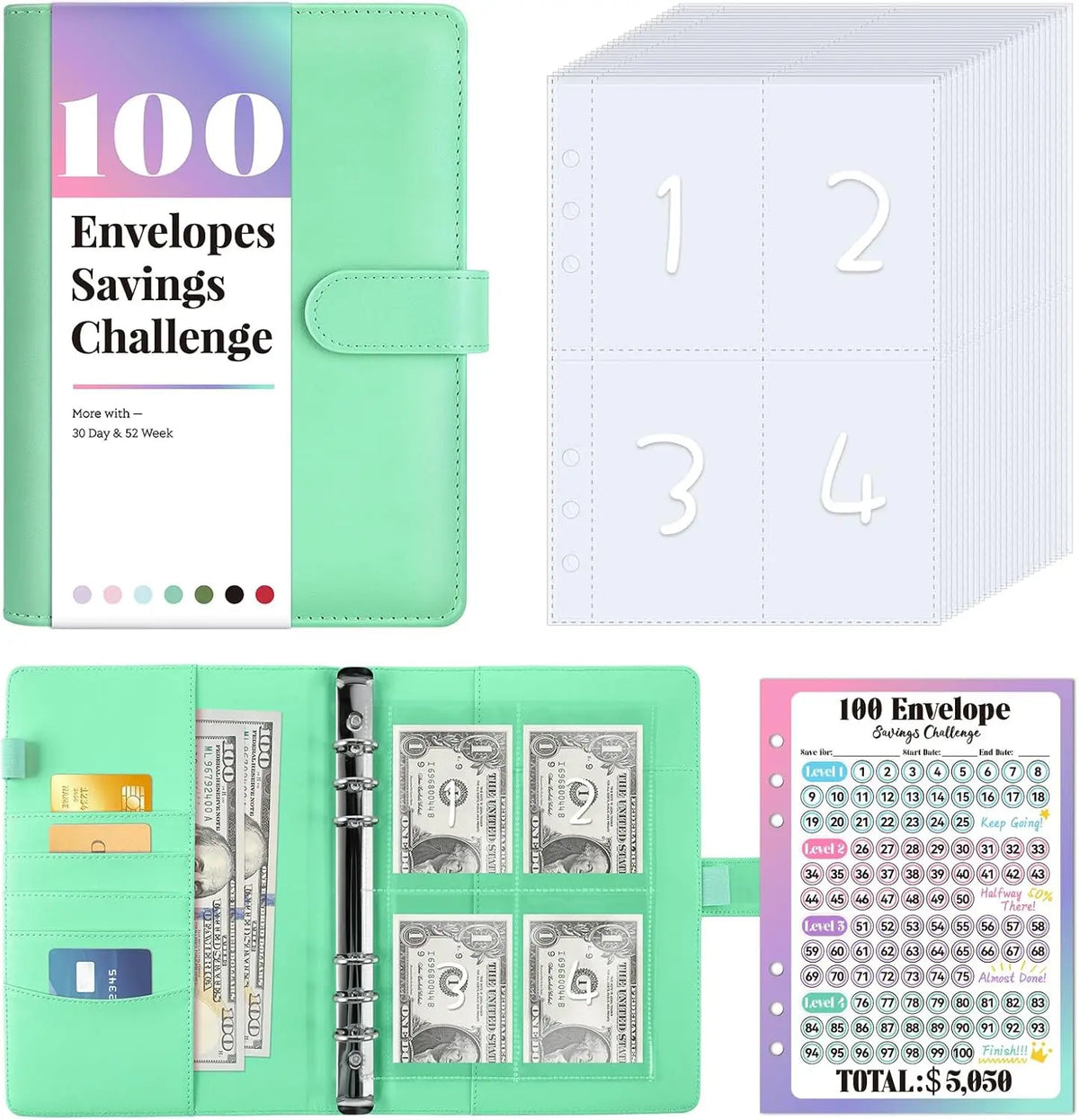 Un classeur vert pour le défi d'épargne de 100 enveloppes montrant diverses coupures de papier.