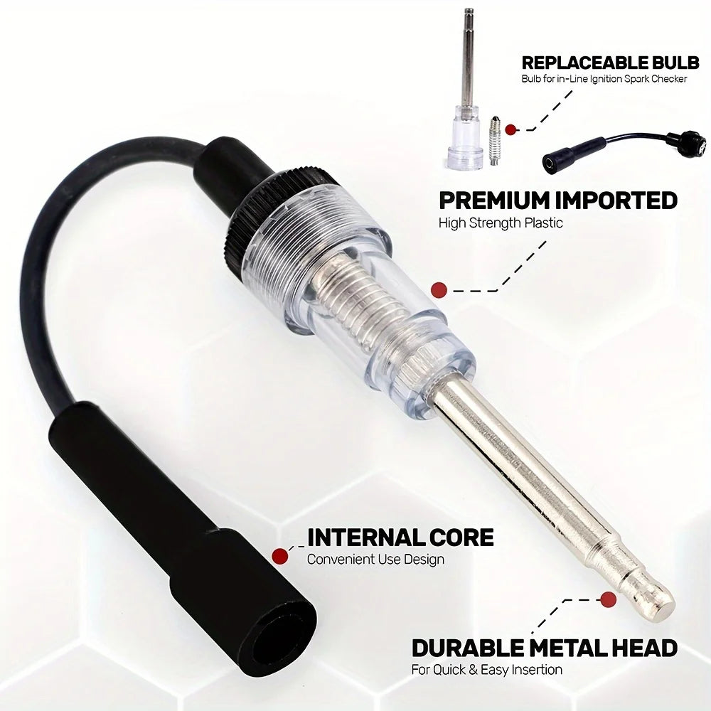 Automotive spark plug ignition tester featuring a durable metal head and replaceable bulb for spark checking.