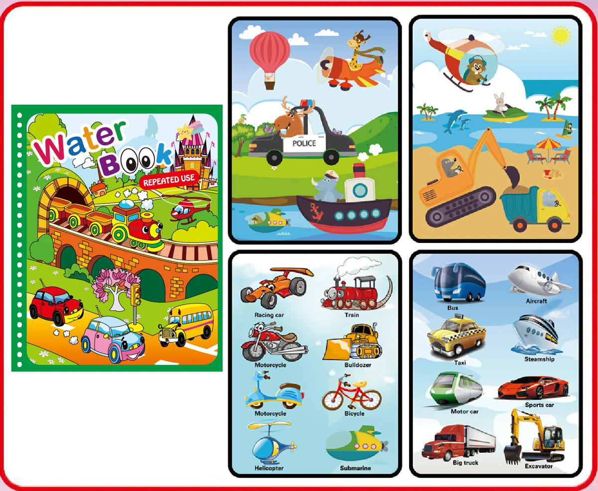 A set of reusable magic water drawing books featuring vehicles like a police car, fire truck, excavator, and airplane.