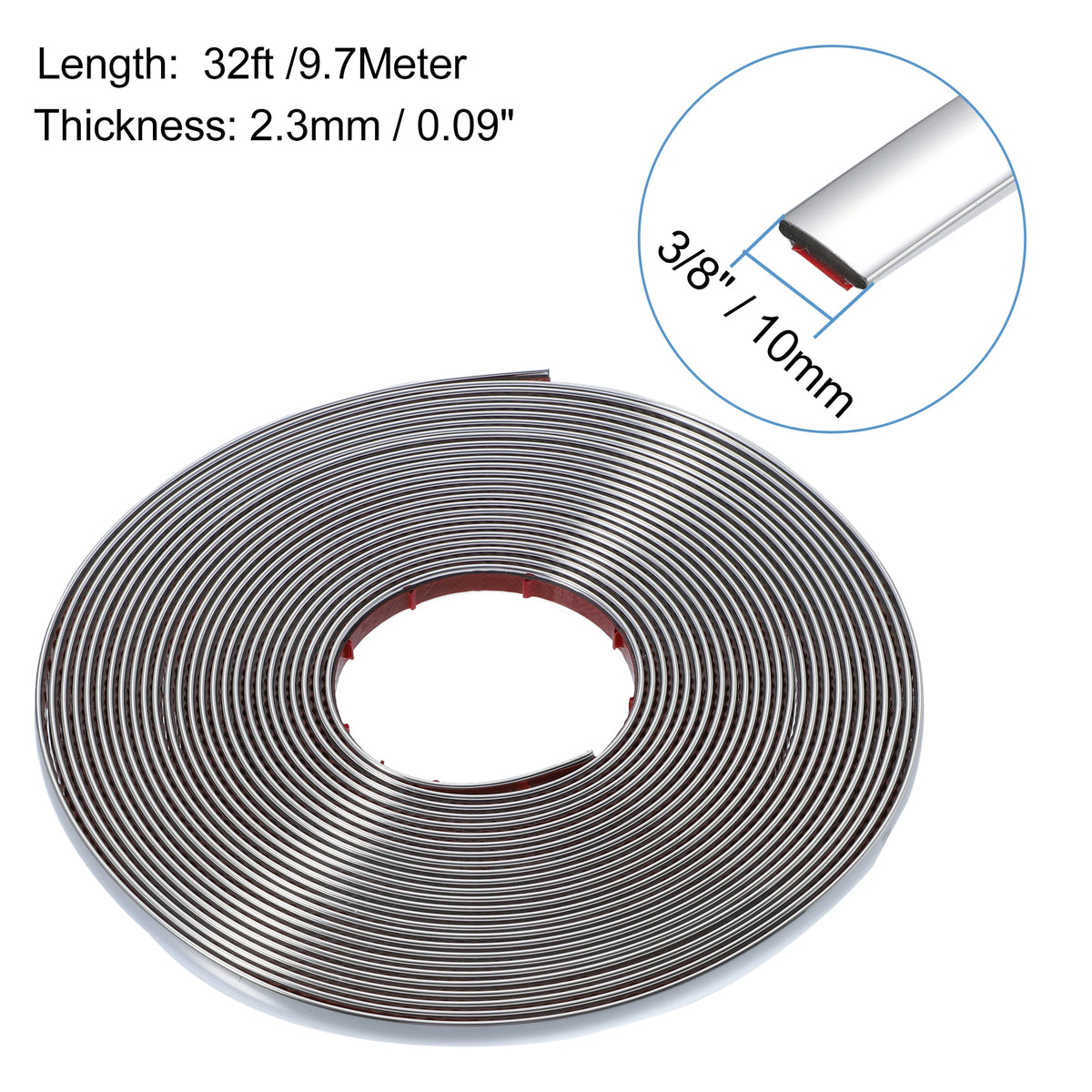 A coil of universal chrome car door edge guard trim strip with dimensions 3/8 inch thick and 9.7 meters long.