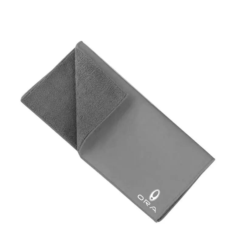 A folded grey ultra-soft coral fleece car drying towel.