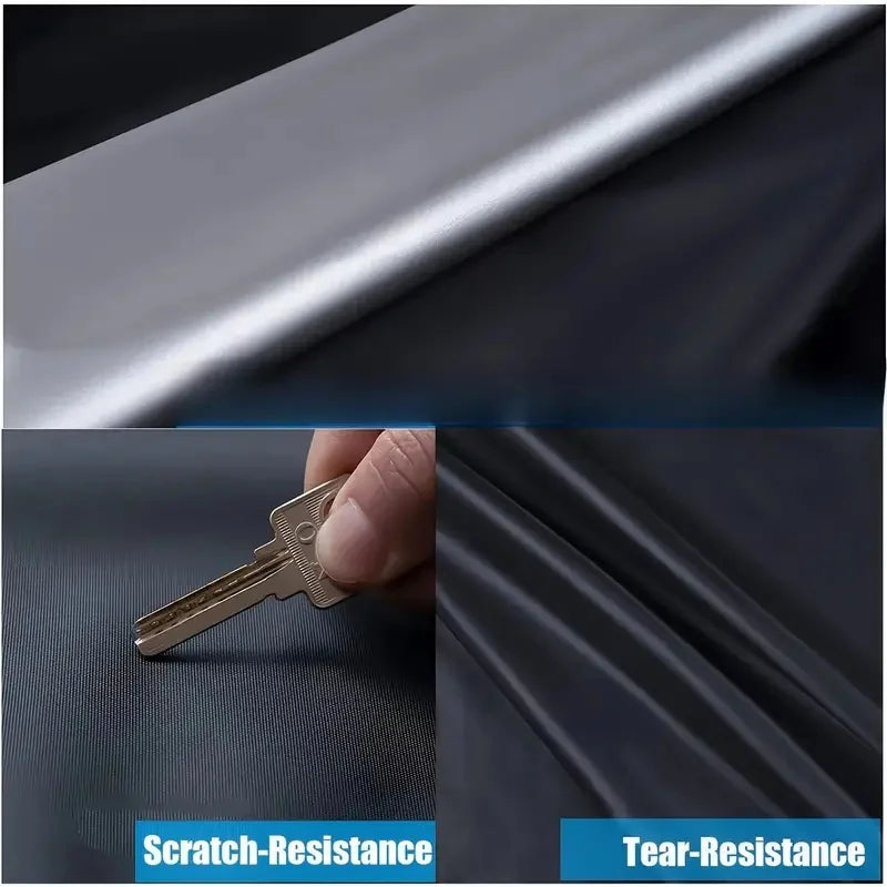 Close-up of a metal key and a dark fabric showing scratch and tear resistance features.