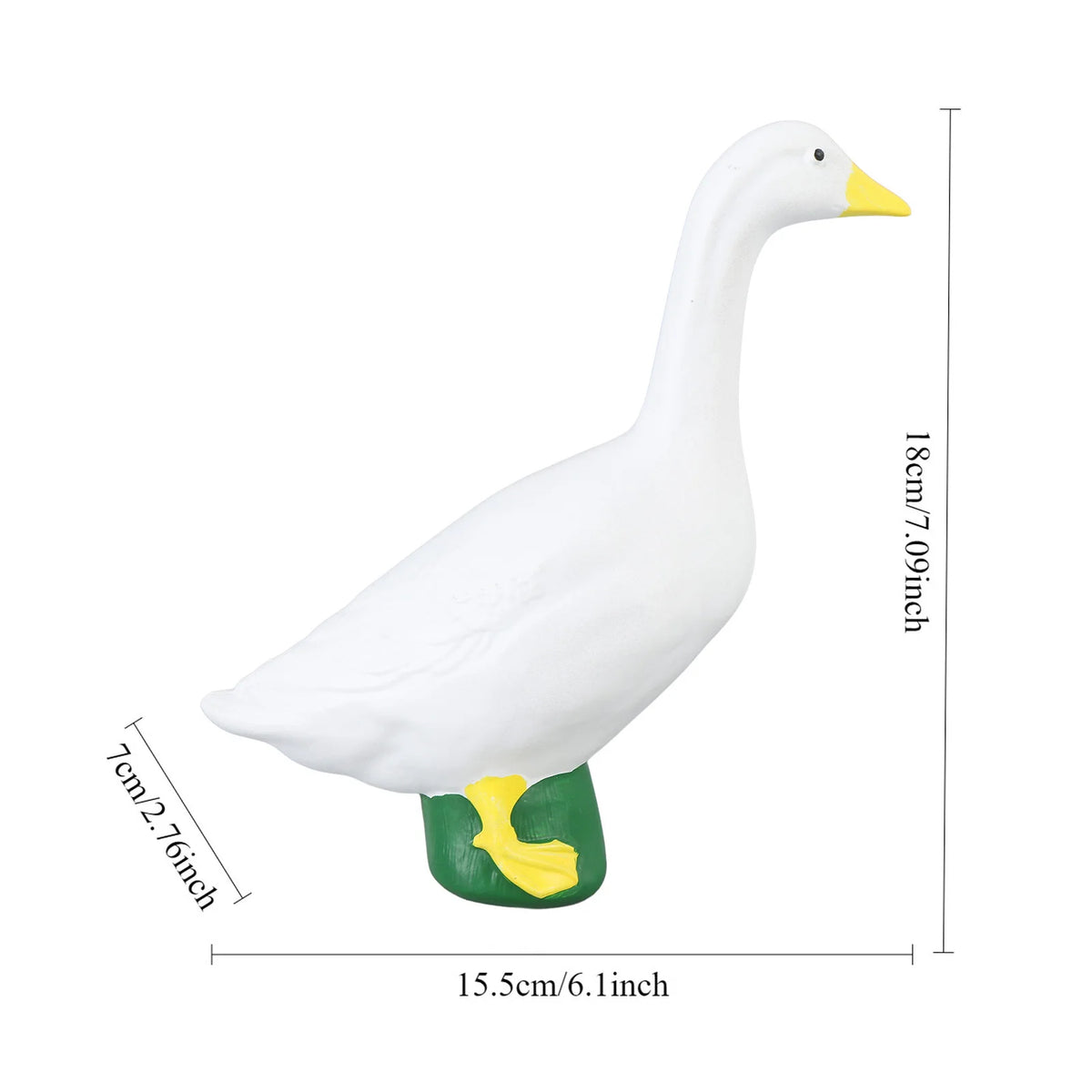 White resin goose garden statue with yellow beak and green base