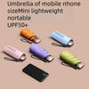 Various colored mini lightweight umbrellas for mobile phones shown next to a smartphone.