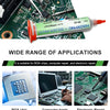 A soldering iron tip applies No-Clean Silver Solder Paste for SMD and IC Repair onto a circuit board.