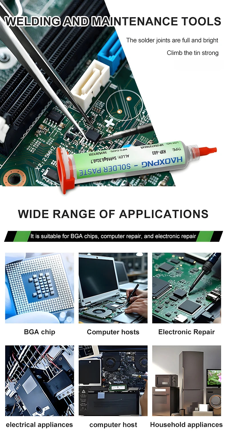 A soldering iron tip applies No-Clean Silver Solder Paste for SMD and IC Repair onto a circuit board.