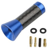 A blue and black carbon fiber short radio antenna with mounting hardware.