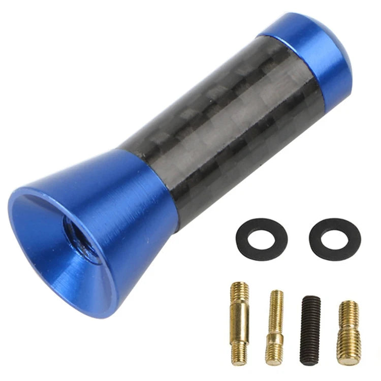 A blue and black carbon fiber short radio antenna with mounting hardware.