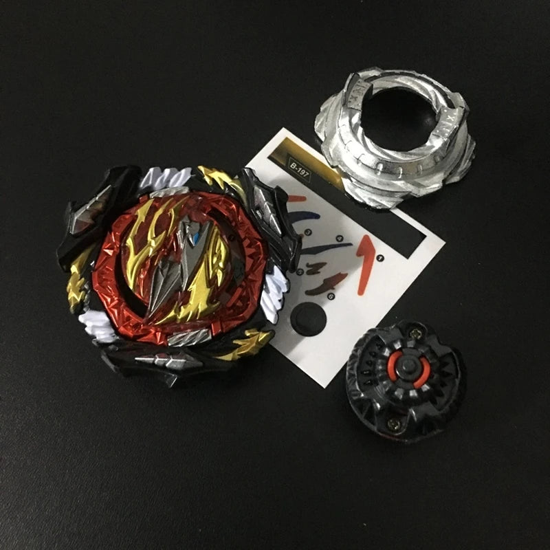 A black metal battle spinning top with a red and gold design is shown next to its detached metal ring.
