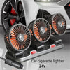 A car cigarette lighter 24V dual-head cooling fan with an aromatherapy diffuser mounted on a silver base.