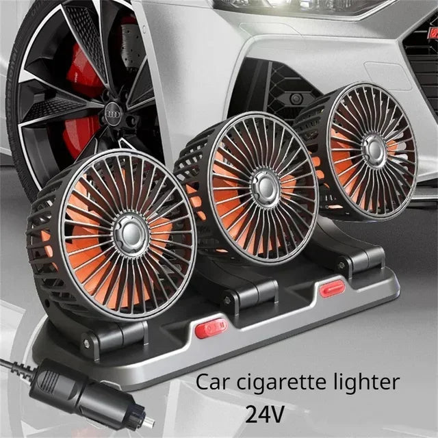 A car cigarette lighter 24V dual-head cooling fan with an aromatherapy diffuser mounted on a silver base.