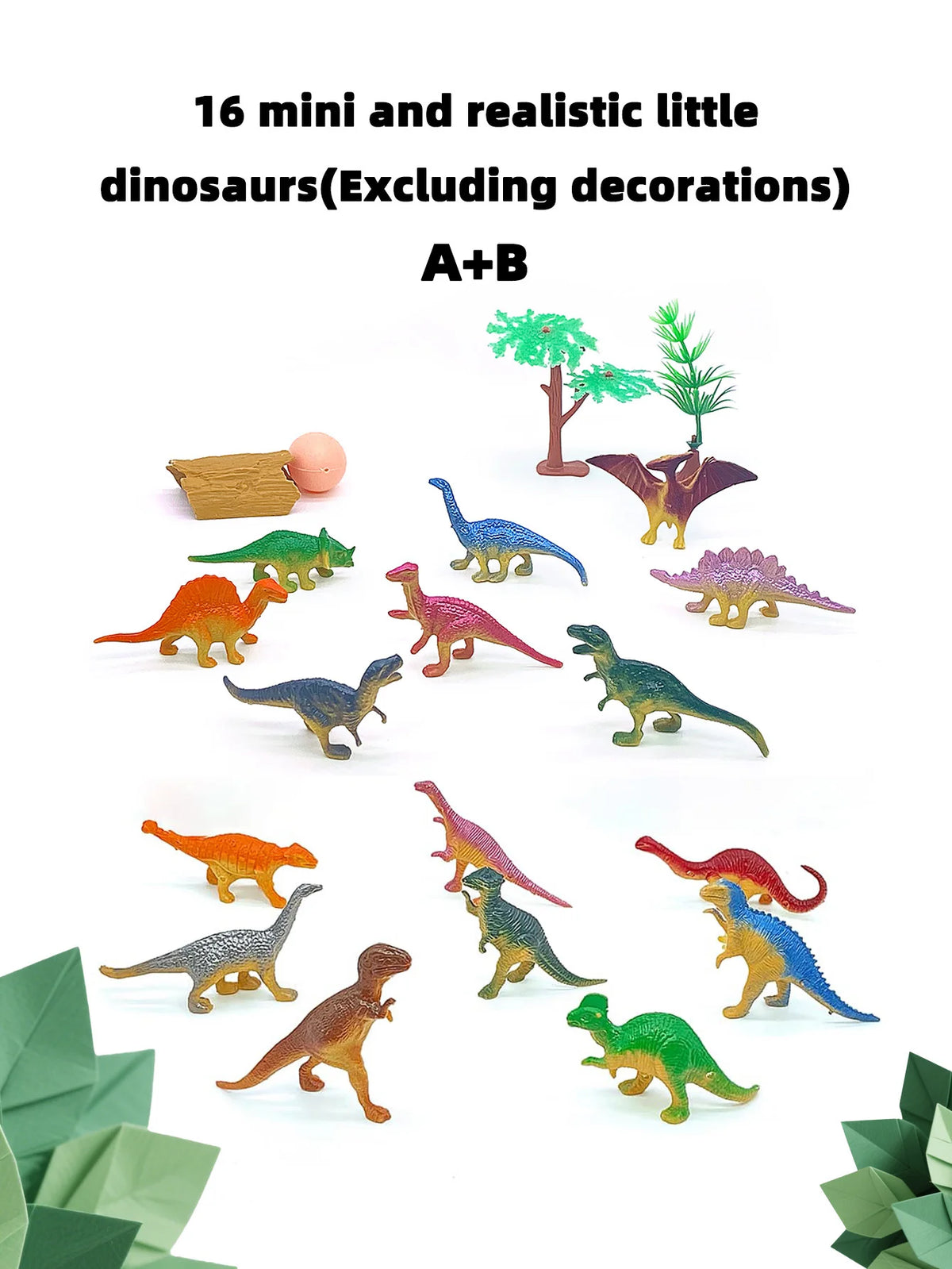A collection of 16 mini and realistic little dinosaurs, including a T-Rex and various other species.