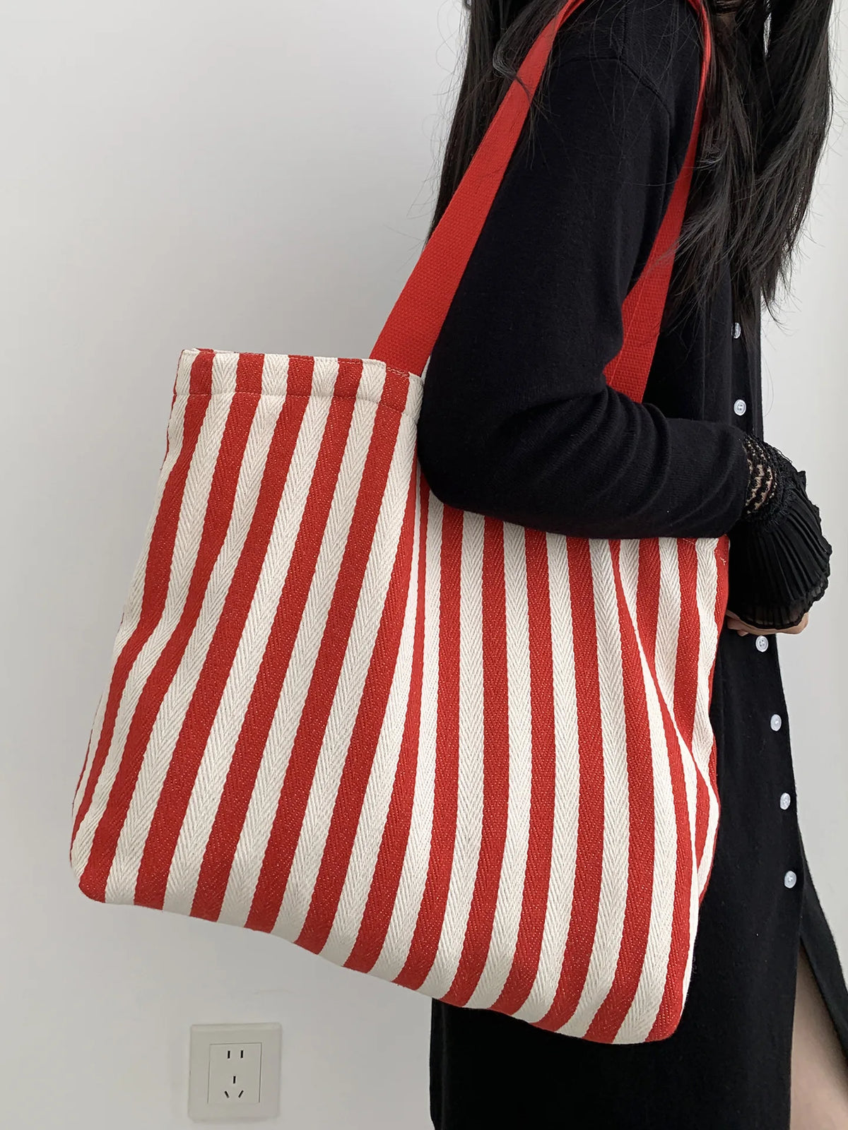 Striped Canvas Shoulder Tote Bag