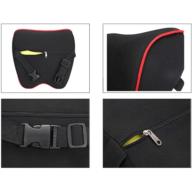 Black memory foam car headrest pillow with a zipper and adjustable strap for neck support