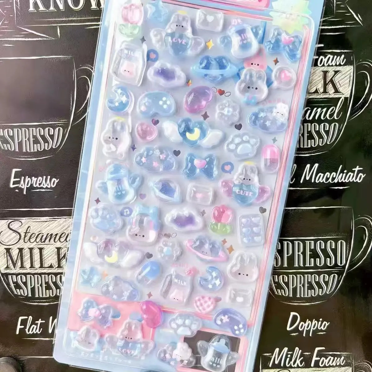 A collection of 3D jelly stickers featuring cute cartoon animals and a ghost rabbit on a clear sheet.