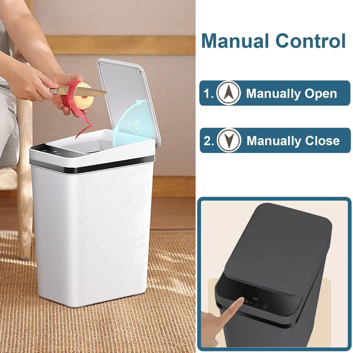 A white slim touchless trash can is shown with a hand manually opening and closing the lid.