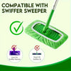 A green microfiber mop refill pad with a silver handle, compatible with Swiffer Sweeper.