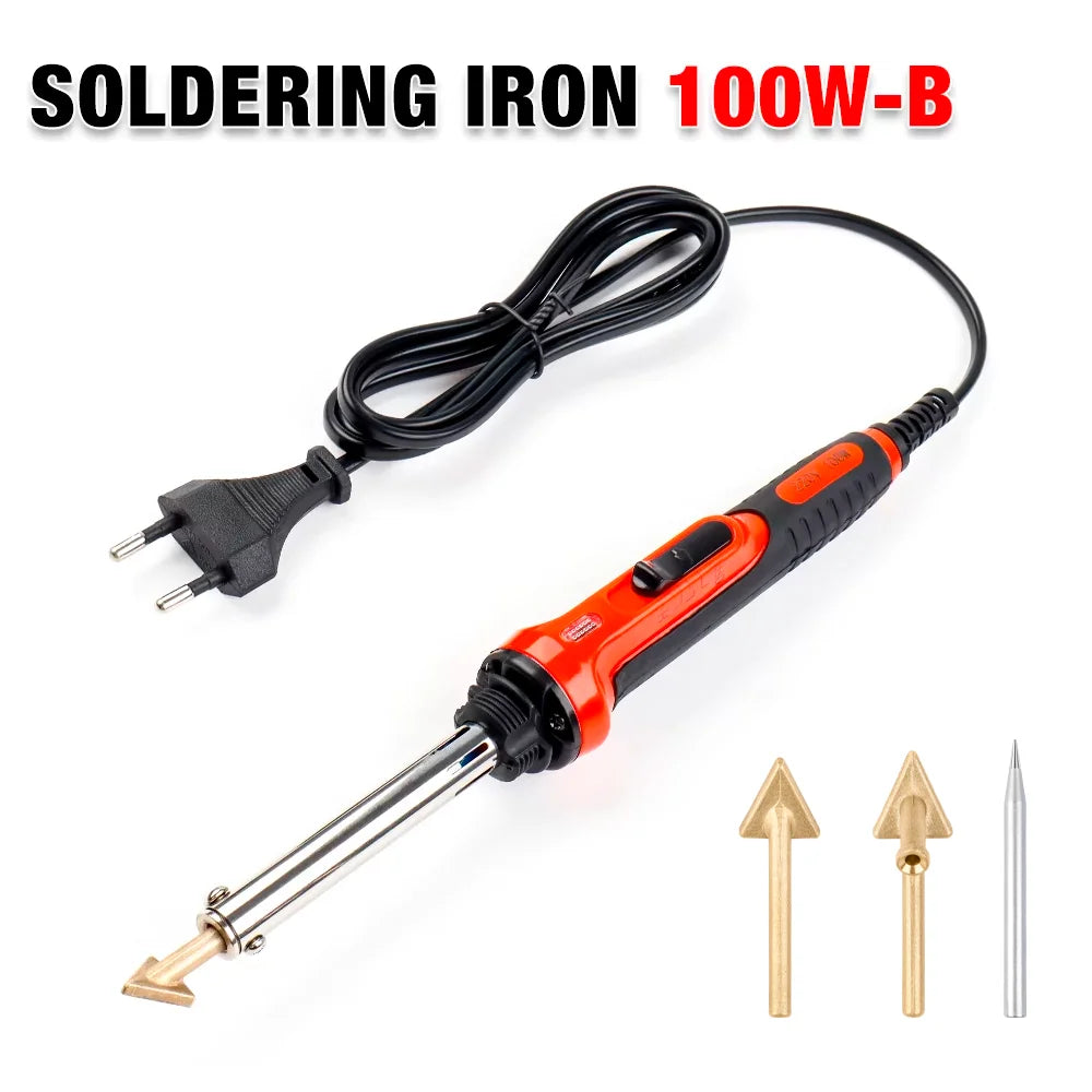 A soldering iron with a cord and tip, along with replacement tips.