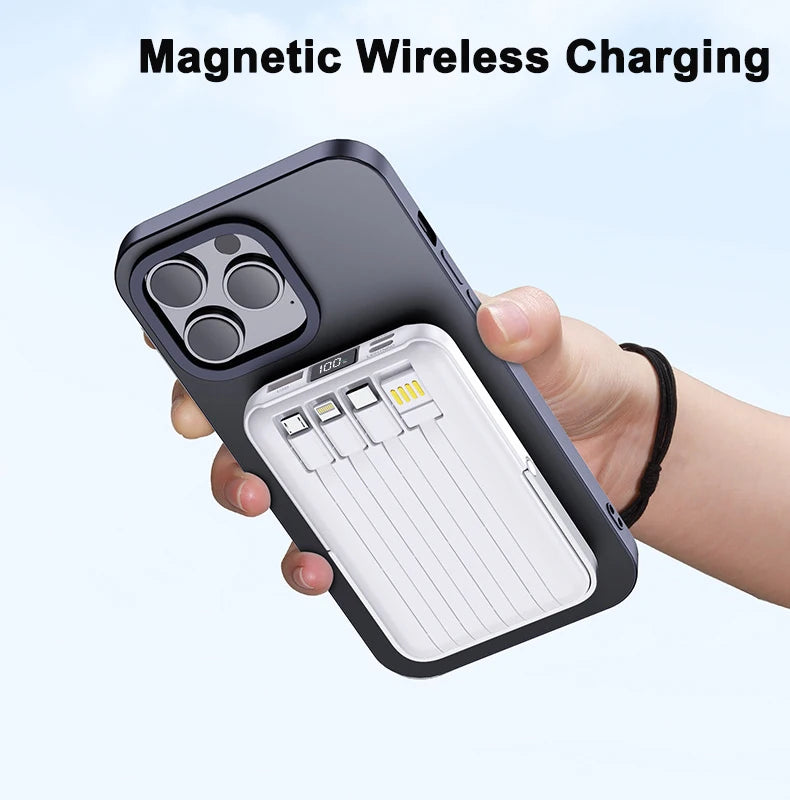 Magnetic Wireless Power Bank 20,000mAh with Built-in Cables and Stand