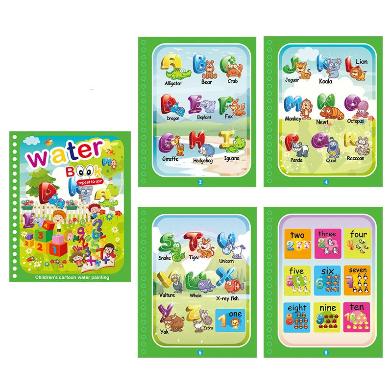 A set of six reusable magic water drawing books featuring various animals and numbers for children.