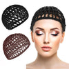 A black mesh crochet hair net is shown alongside a brown version on a mannequin head.